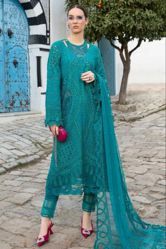 EL-MB2595 Lawn Unstitched Embroidered 3pc Suit With Bamber Chiffon Embroidered Dupatta - ELAFF