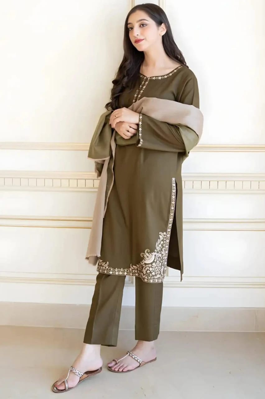 EL-AS10 Unstitched Embroidered Dhanak Suit With Dyed Dhanak Shawl - ELAFF