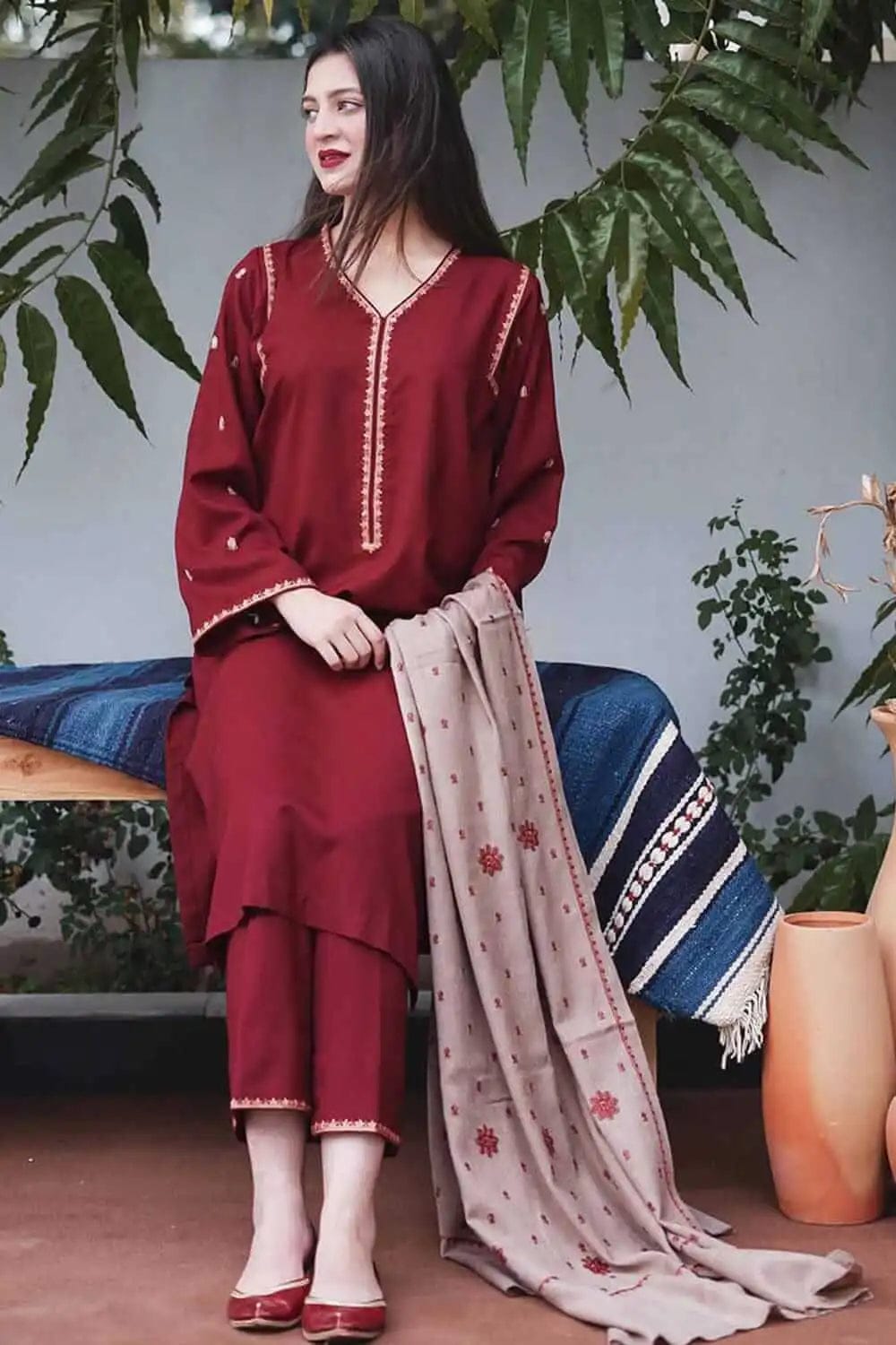 EL-BR1110 Unstitched Heavy Embroidered Dhanak Suit Embroidered Dhanak Shawl - ELAFF
