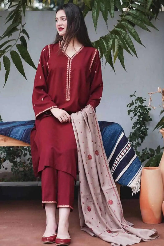 EL-BR1110 Unstitched Heavy Embroidered Dhanak Suit Embroidered Dhanak Shawl - ELAFF