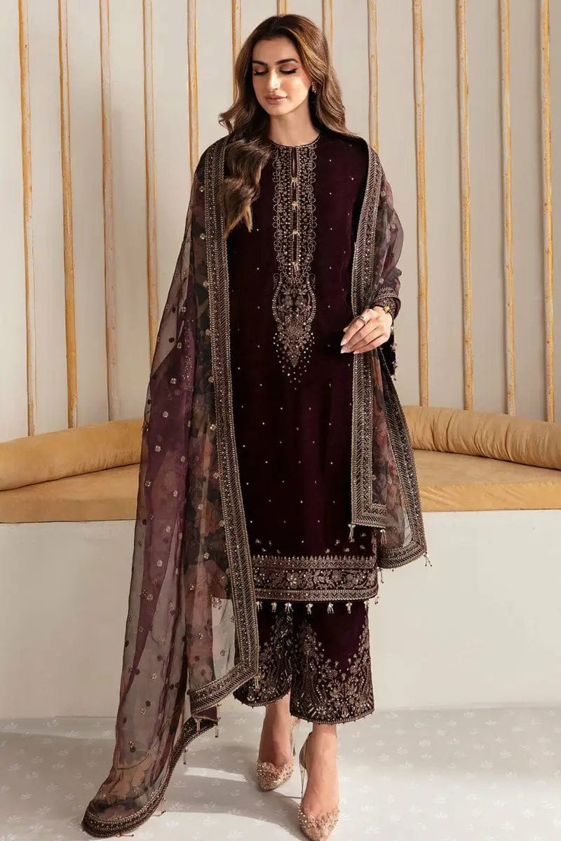EL-1015 Sequence Embroidered 9000 Micro Velvet 3Pc With Organza Embroidered Dupatta - ELAFF