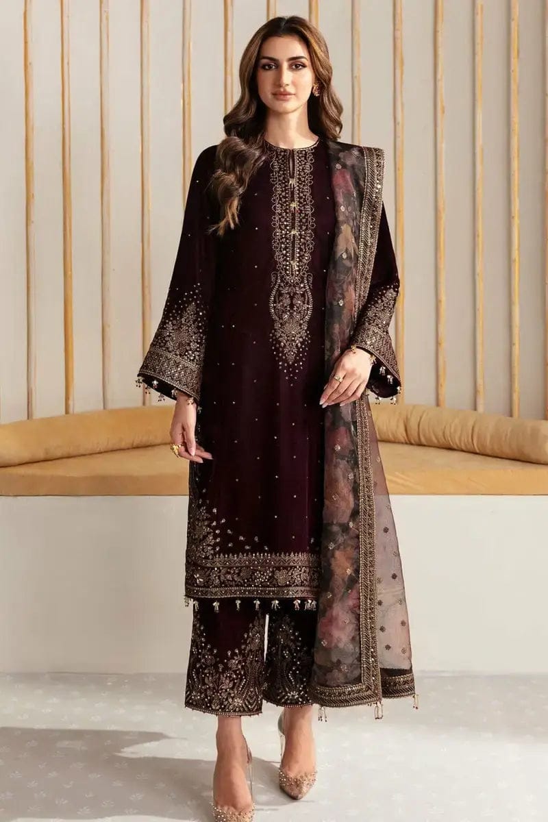 EL-1015 Sequence Embroidered 9000 Micro Velvet 3Pc With Organza Embroidered Dupatta - ELAFF