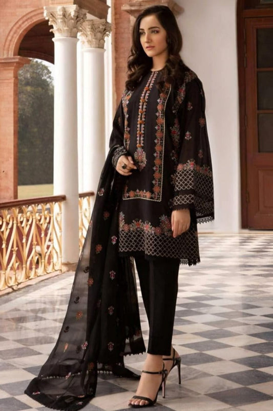 EL-465 Lawn Unstitched Embroidered 3pc Suit With Bamber Chiffon Embroidered Dupatta - ELAFF