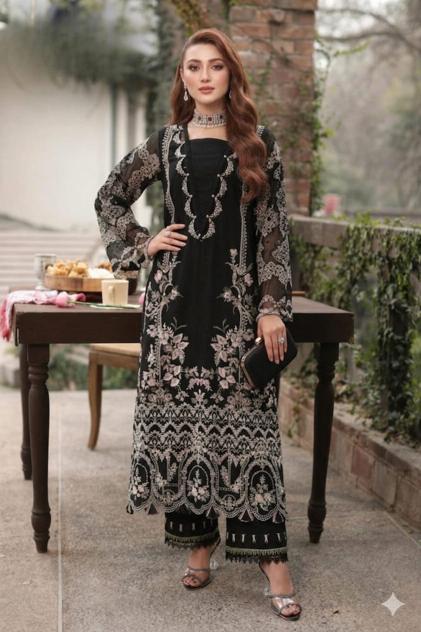 EL-KH40 Unstitched Heavy Embroidered Lawn Suit With Embroidered Bamber Chiffon Dupatta
