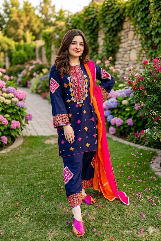 EL-BR1275 Lawn Unstitched Embroidered 3pc Suit With Embroidered Chiffon Dupatta