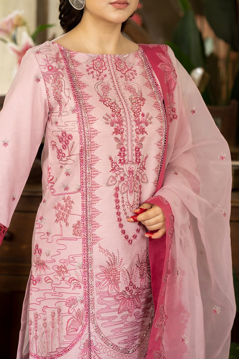 EL-RA46 Embroidered Unstitched Lawn 3Pc Suit With Organza Embroidered Dupatta