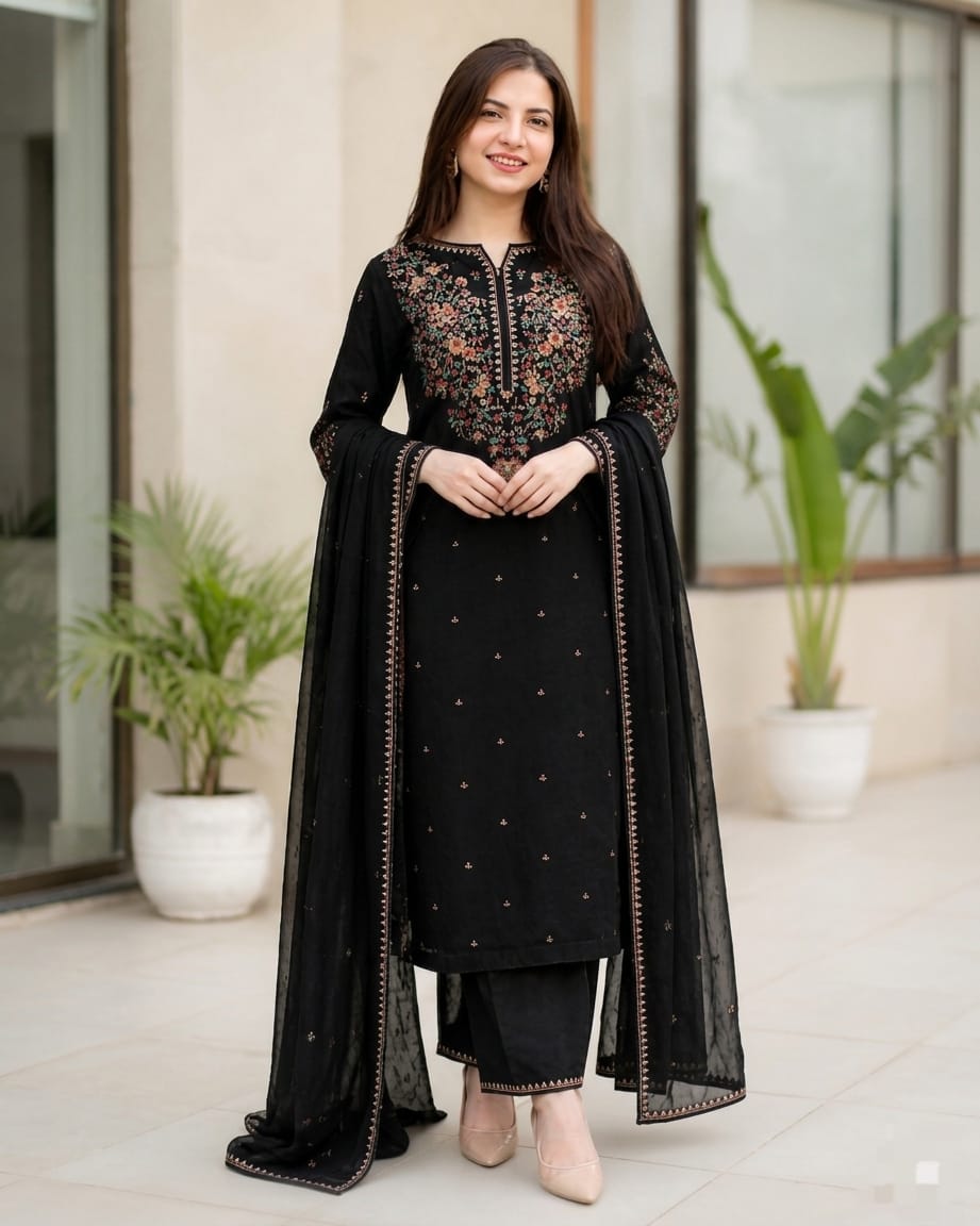 EL-BT2800 HIGHLY RECOMMENDED Unstitched Fully Embroidered Lawn Suit With Embroidered Bamber Chiffon Dupatta