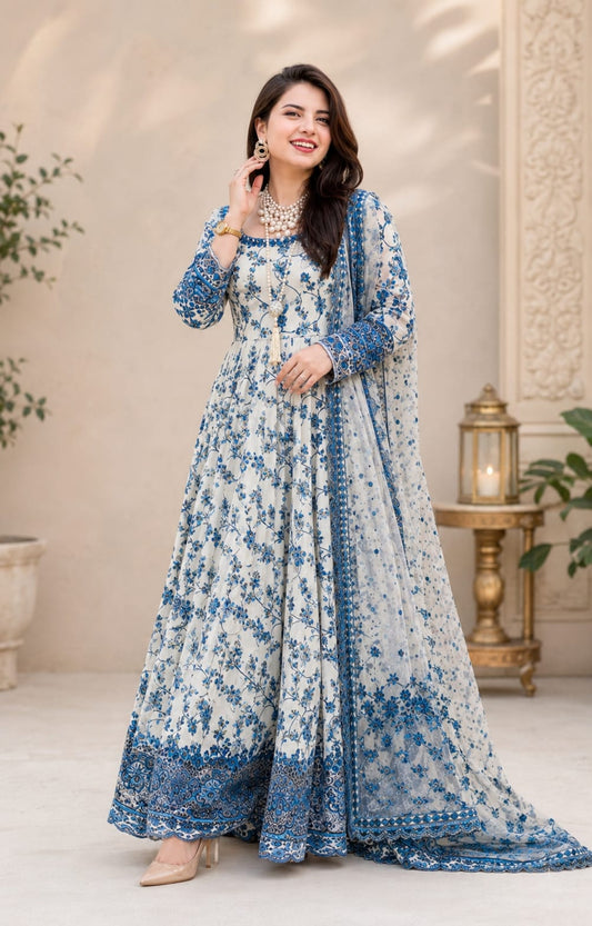 EL-ST Lawn Embroidered 3pc Suit With Organza Embroidered Dupatta