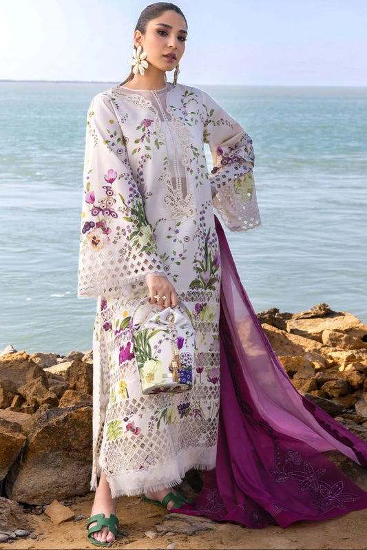 EL-CS202 Unstitched Digital Printed Lawn Suit 3pc With Embroided Cotton Net Dupatta