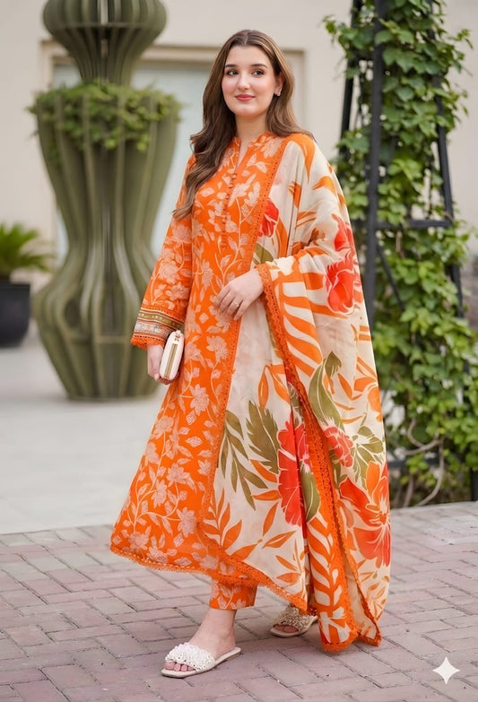 EL-AS657 Unstitched Printed Lawn 3pc Suit With Chiffon Printed Dupatta