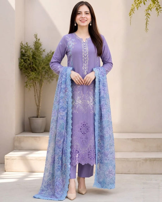 EL-OR86 Lawn Unstitched 3pc Fully Embroidered Suit With Cotton Net Silky Printed Dupatta 4 Sided Embroidered Lace