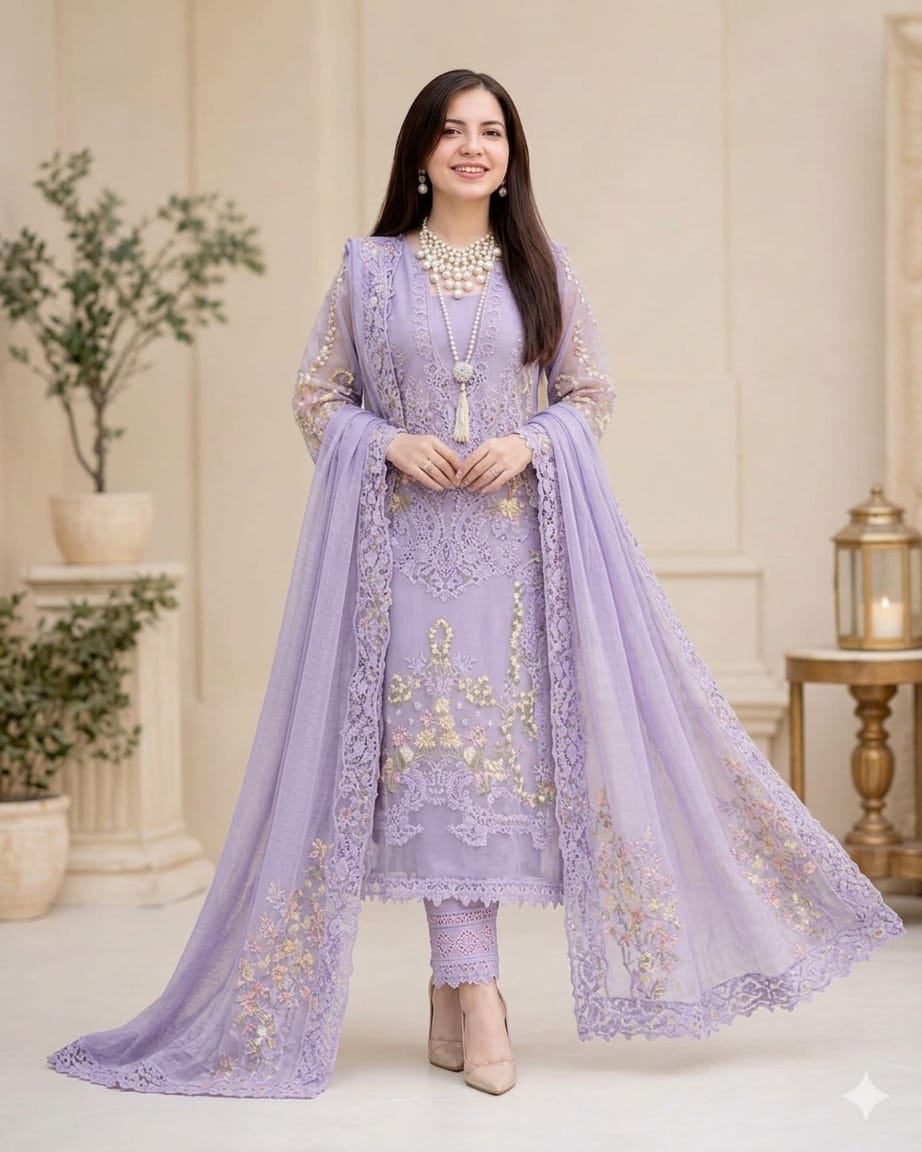 EL-MR2715 Lawn Unstitched Embroidered 3pc Suit With Cotton Net Embroidered Dupatta