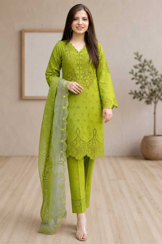 EL-RR2780 Lawn Unstitched Chikenkari 3pc Suit With Cotton Net Embroidered Dupatta