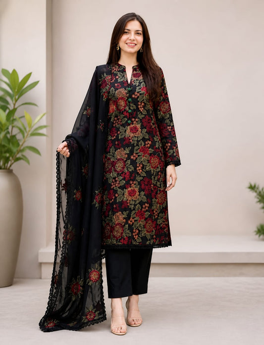 EL-BR345 Lawn Unstitched Embroidered 3pc Suit With Embroidered Chiffon Dupatta