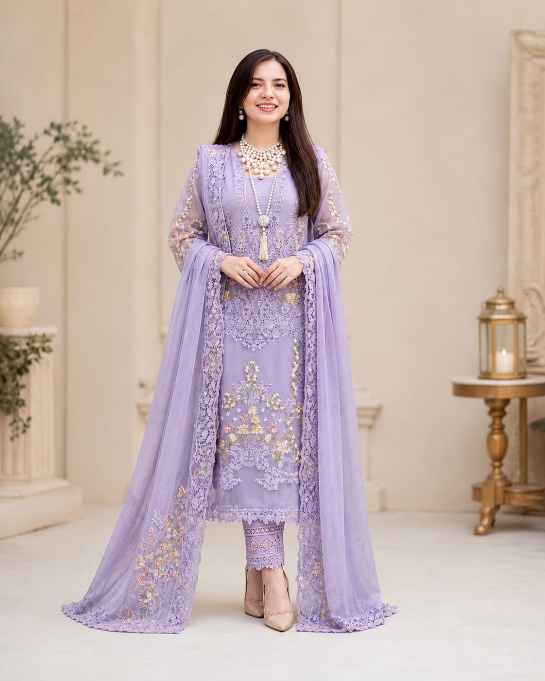 EL-MR2715 Lawn Unstitched Embroidered 3pc Suit With Cotton Net Embroidered Dupatta