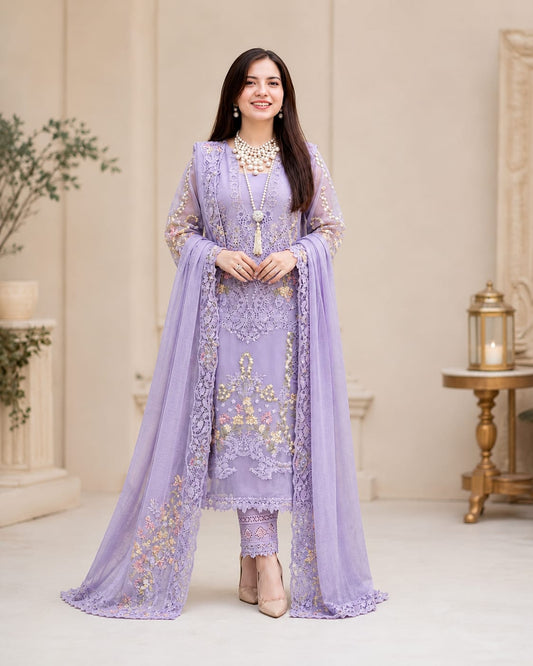 EL-MR2715 Lawn Unstitched Embroidered 3pc Suit With Cotton Net Embroidered Dupatta
