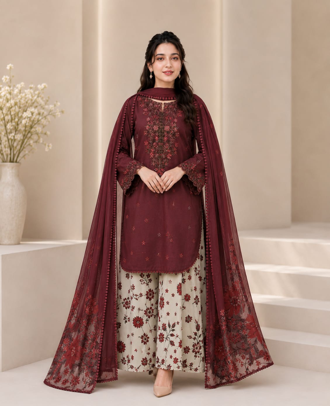 EL-IZ236 Neckline & Sleeves Embroidered Digital Printed Lawn Suit 3pc With Monar Digital Printed Dupatta