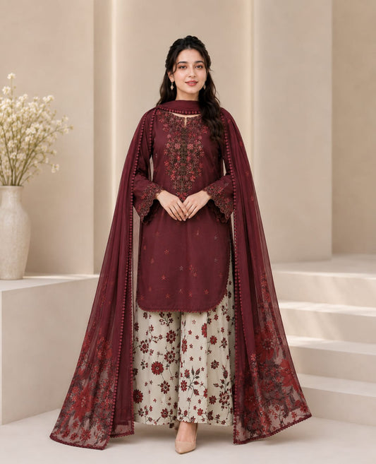 EL-IZ236 Neckline & Sleeves Embroidered Digital Printed Lawn Suit 3pc With Monar Digital Printed Dupatta