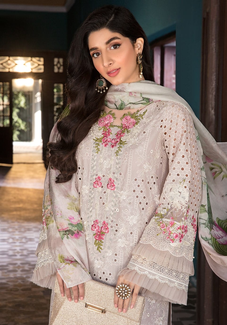 EL-EL12 Lawn Unstitched 3pc Fully Embroidered Suit With Silk Printed Dupatta - ELAFF