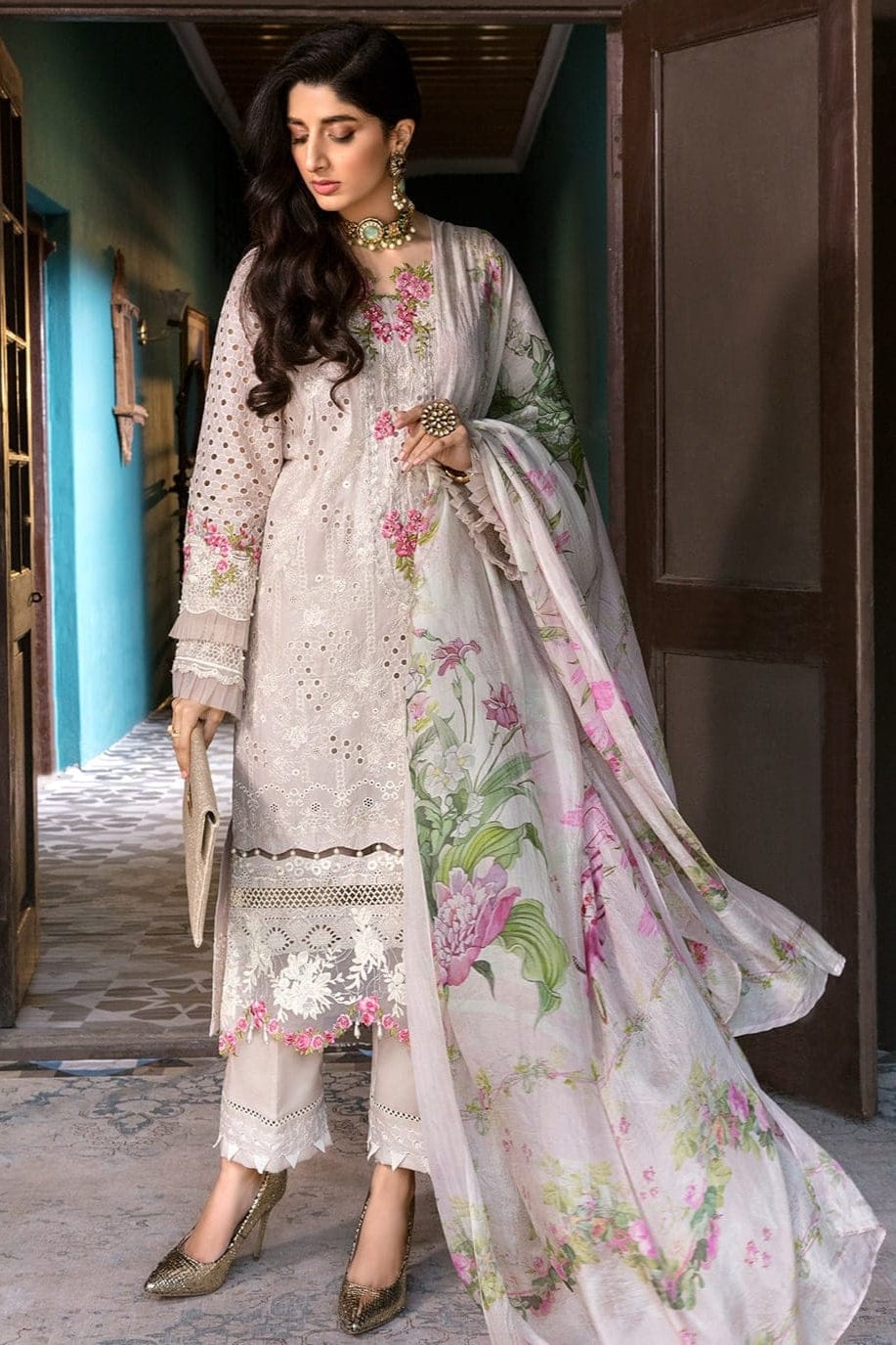 EL-EL12 Lawn Unstitched 3pc Fully Embroidered Suit With Silk Printed Dupatta - ELAFF