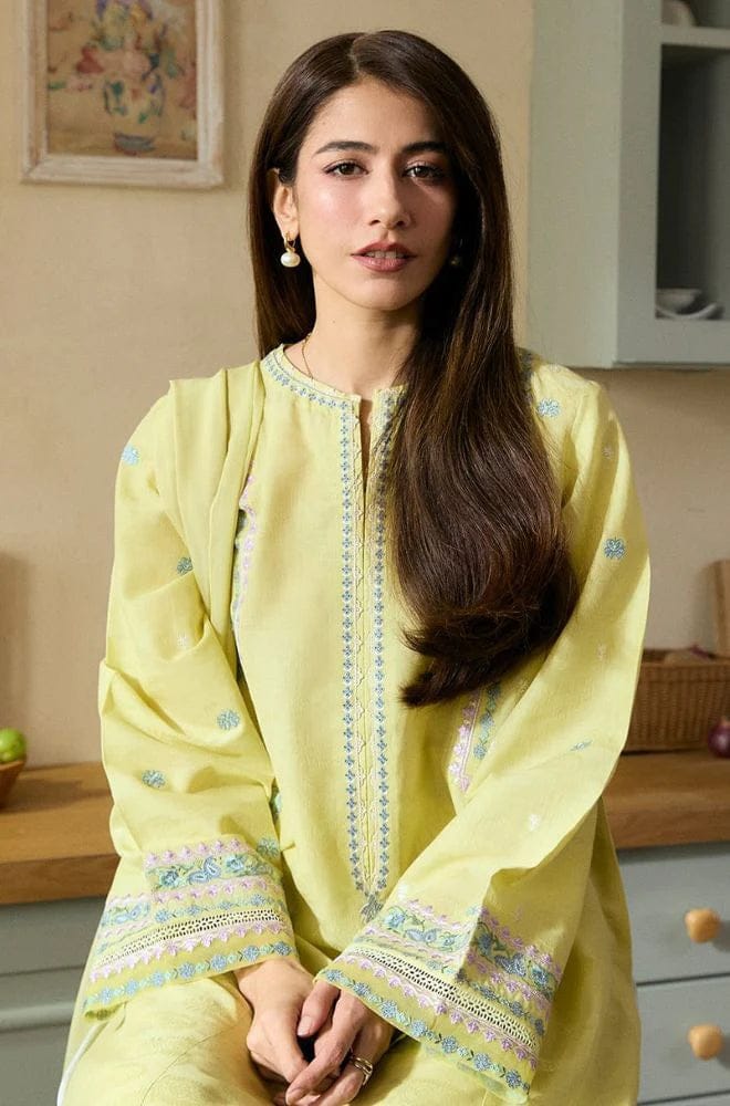 EL-ZS2635 Lawn Unstitched 3pc Embroidered Suit With Cotton Net Embroidered Dupatta - ELAFF