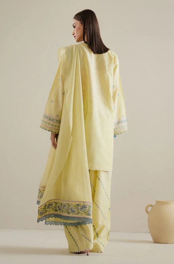 EL-ZS2635 Lawn Unstitched 3pc Embroidered Suit With Cotton Net Embroidered Dupatta - ELAFF