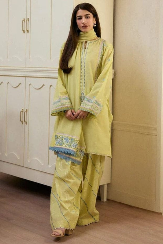 EL-ZS2635 Lawn Unstitched 3pc Embroidered Suit With Cotton Net Embroidered Dupatta - ELAFF
