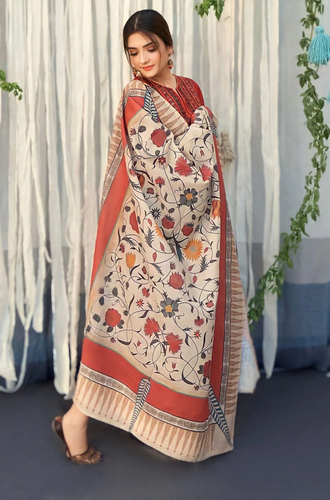 EL-845 Dhanak Embroidered Suit With Digital Printed Wool Shawl - ELAFF