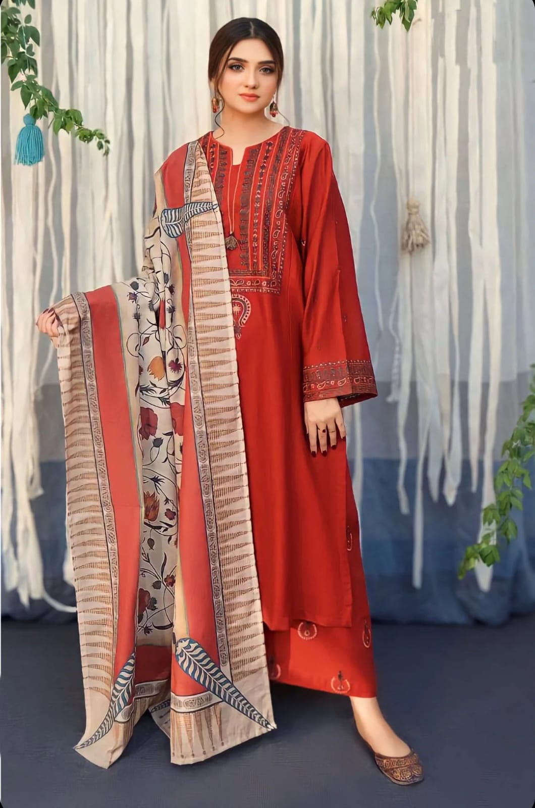 EL-845 Dhanak Embroidered Suit With Digital Printed Wool Shawl - ELAFF