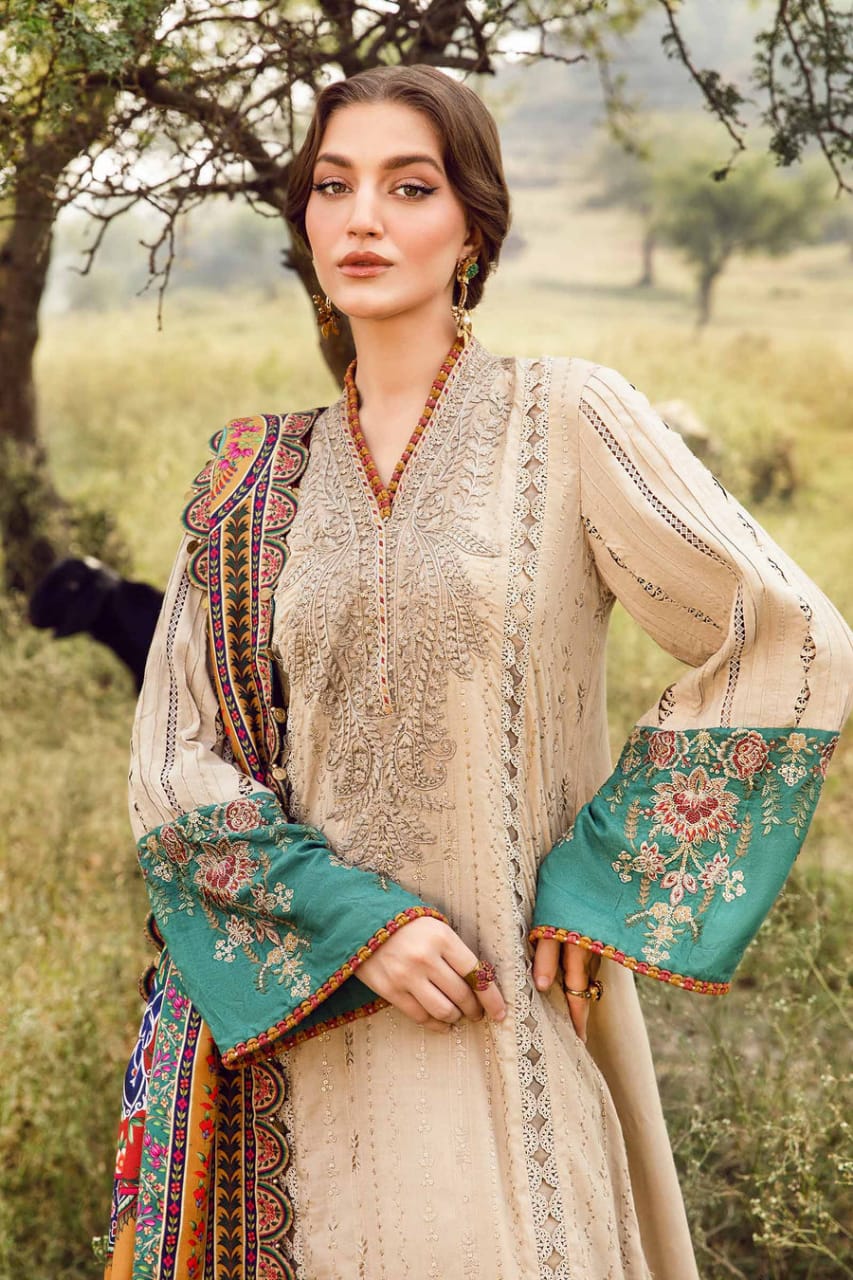 EL-MB2580 Lawn Unstitched Embroidered 3pc Suit With Poly Lawn Printed Dupatta - ELAFF