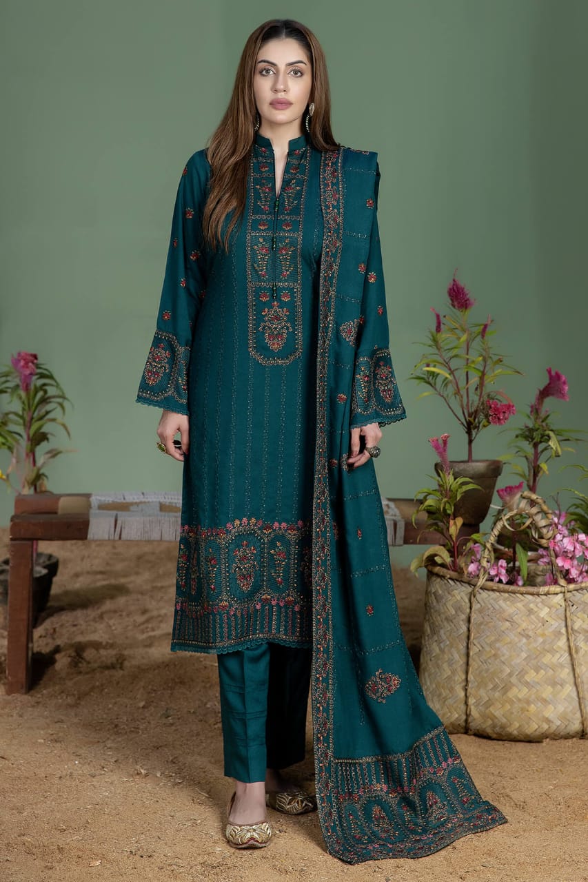 EL-AJ940 Unstitched Fully Embroidered Dhanak Suit With 4 Sided Embroidered Dhanak Shawl - ELAFF