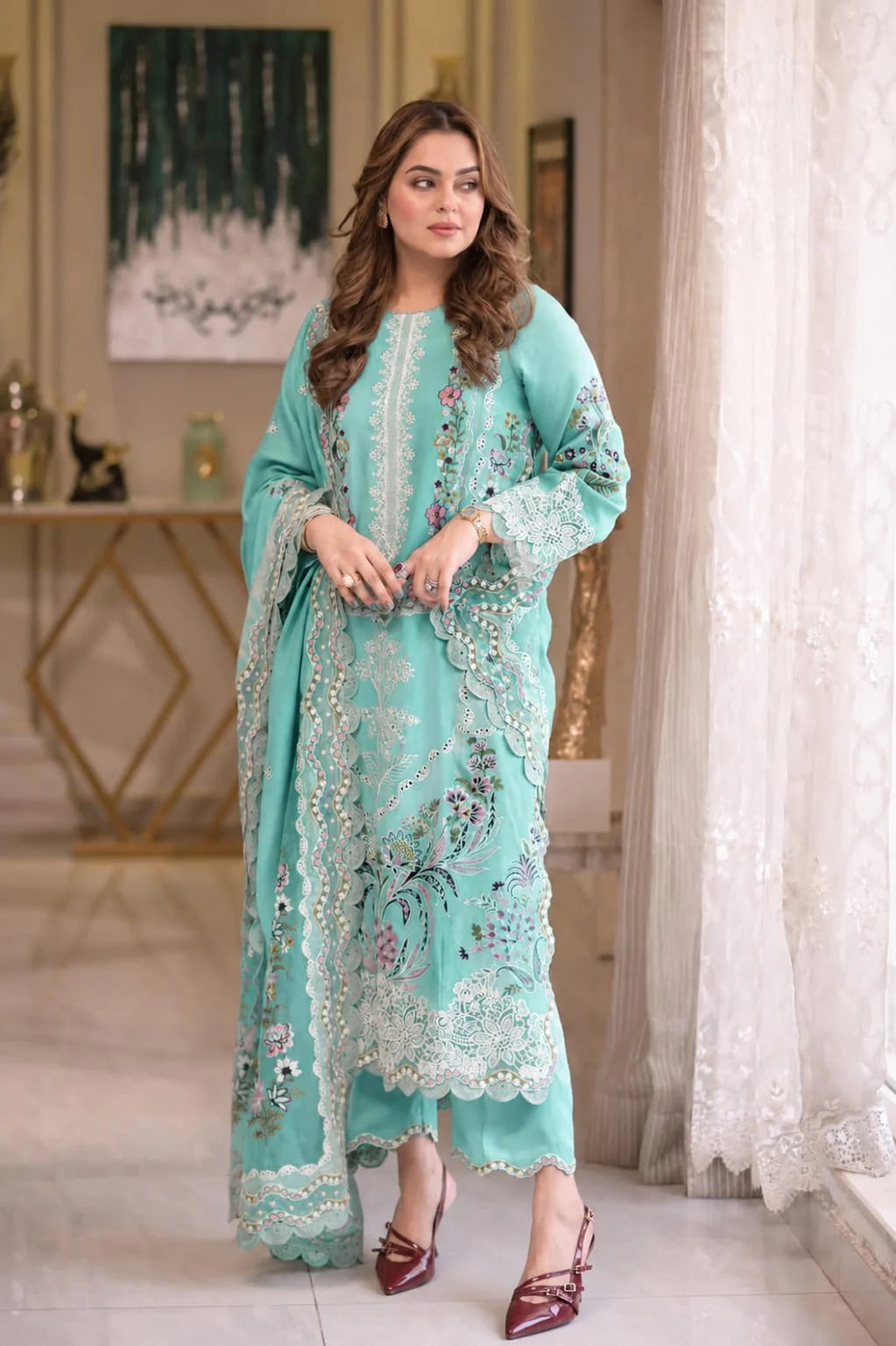 EL-AS2736 Lawn Unstitched Embroidered 3pc Suit With Lawn Embroidered Dupatta