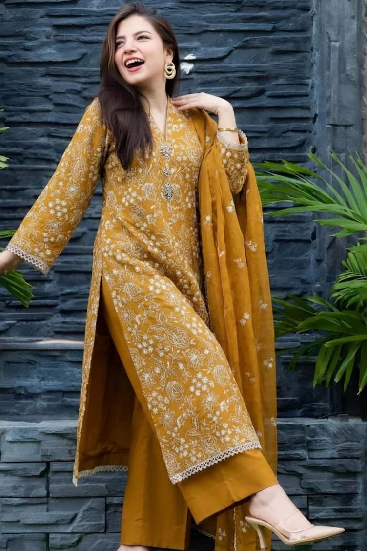 EL-BR09 Lawn 3Pc Embroidered Suit with Bamber Chiffon Embroidered Dupatta