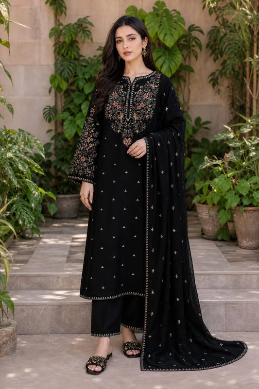 EL-BT2800 HIGHLY RECOMMENDED Unstitched Fully Embroidered Lawn Suit With Embroidered Bamber Chiffon Dupatta
