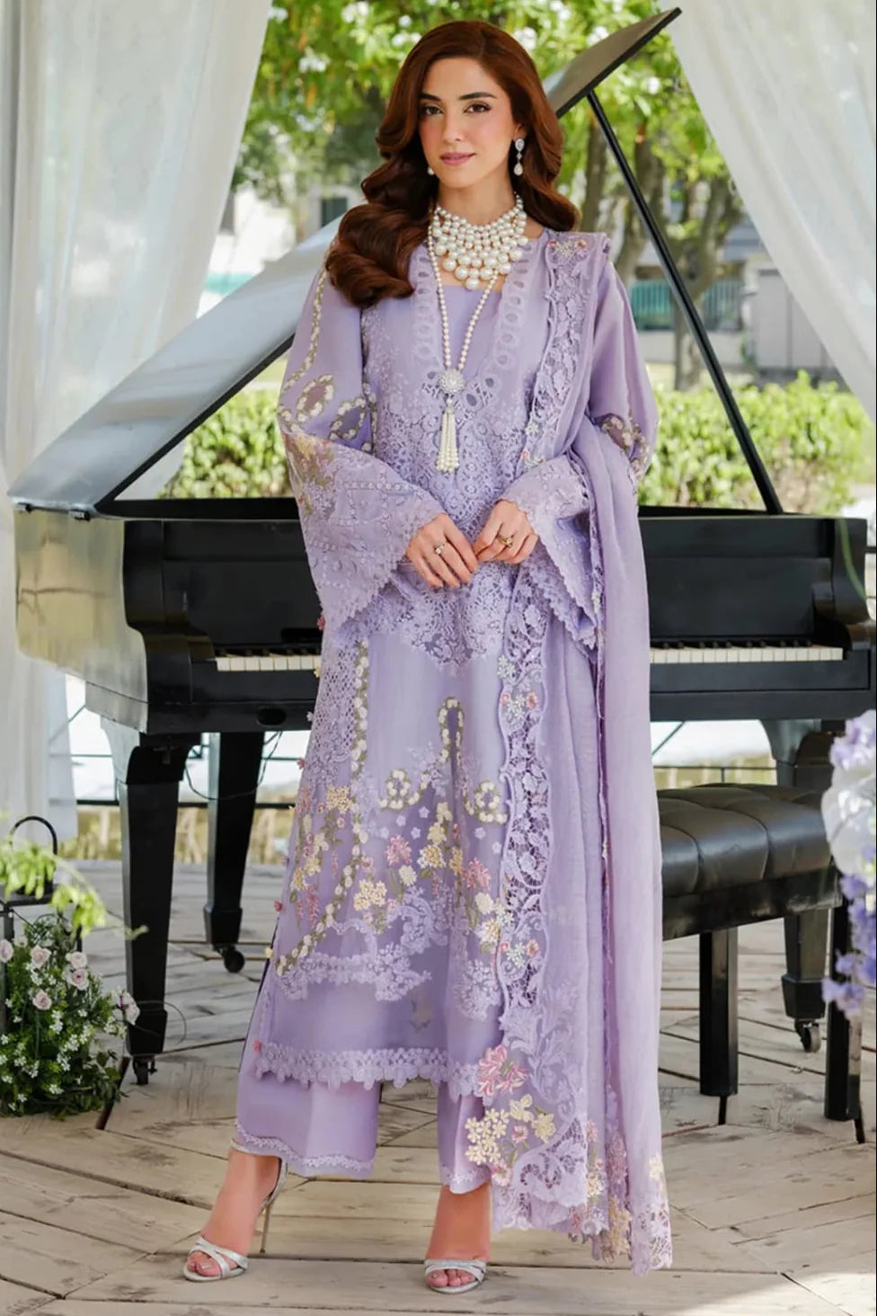 EL-MR2715 Lawn Unstitched Embroidered 3pc Suit With Cotton Net Embroidered Dupatta