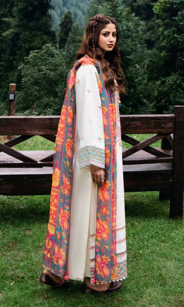 EL-SP2575 Unstitched Fully Embroidered Lawn Suit With Digital Printed Monar Dupatta