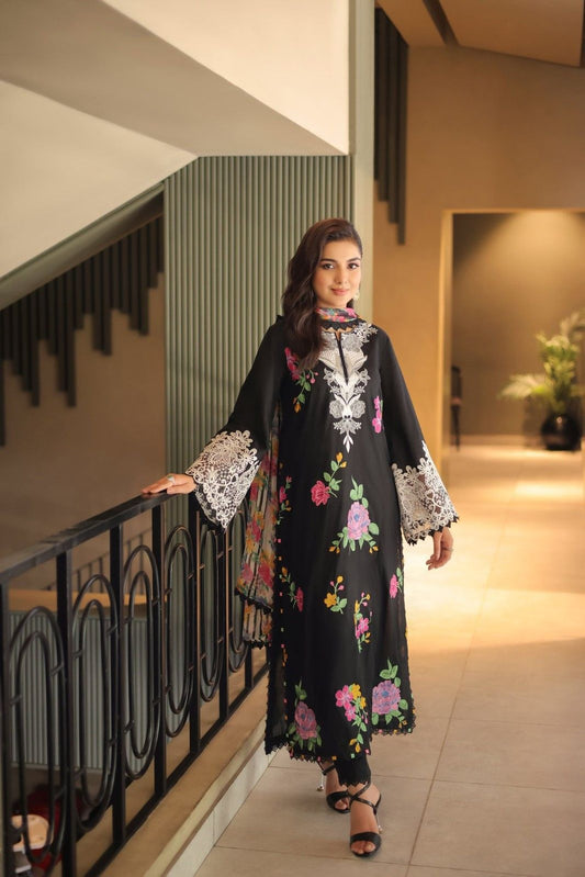EL-03 Unstitched Embroidered Silk Suit With Printed Sil Dupatta - ELAFF