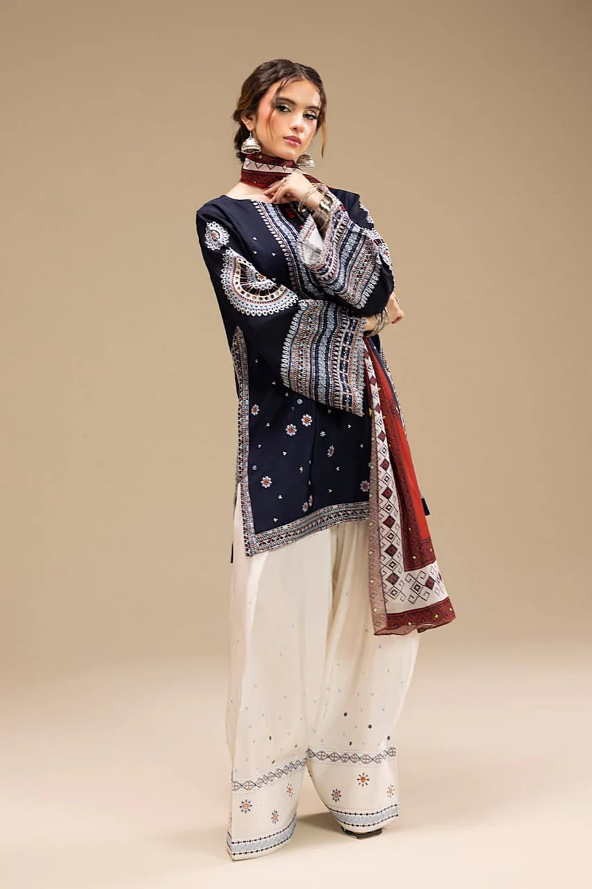 EL-RR610 Unstitched Fully Embroidered Lawn Suit With Digital Printed Monar Dupatta