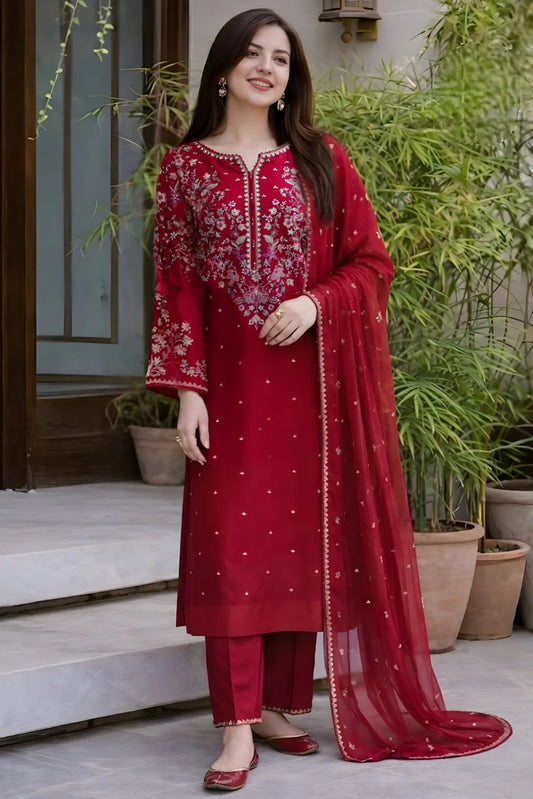 EL-BT2700 Unstitched Fully Embroidered Lawn Suit With Embroidered Bamber Chiffon Dupatta