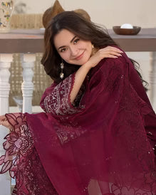 EL-2685 Lawn Unstitched Embroidered 3pc Suit With Organza Embroidered Cutwork Dupatta - ELAFF