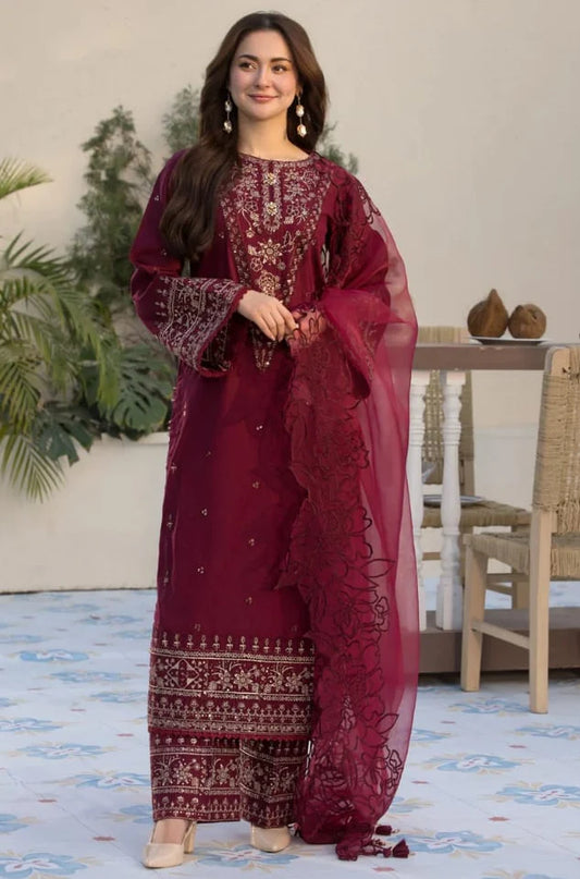 EL-2685 Lawn Unstitched Embroidered 3pc Suit With Organza Embroidered Cutwork Dupatta - ELAFF