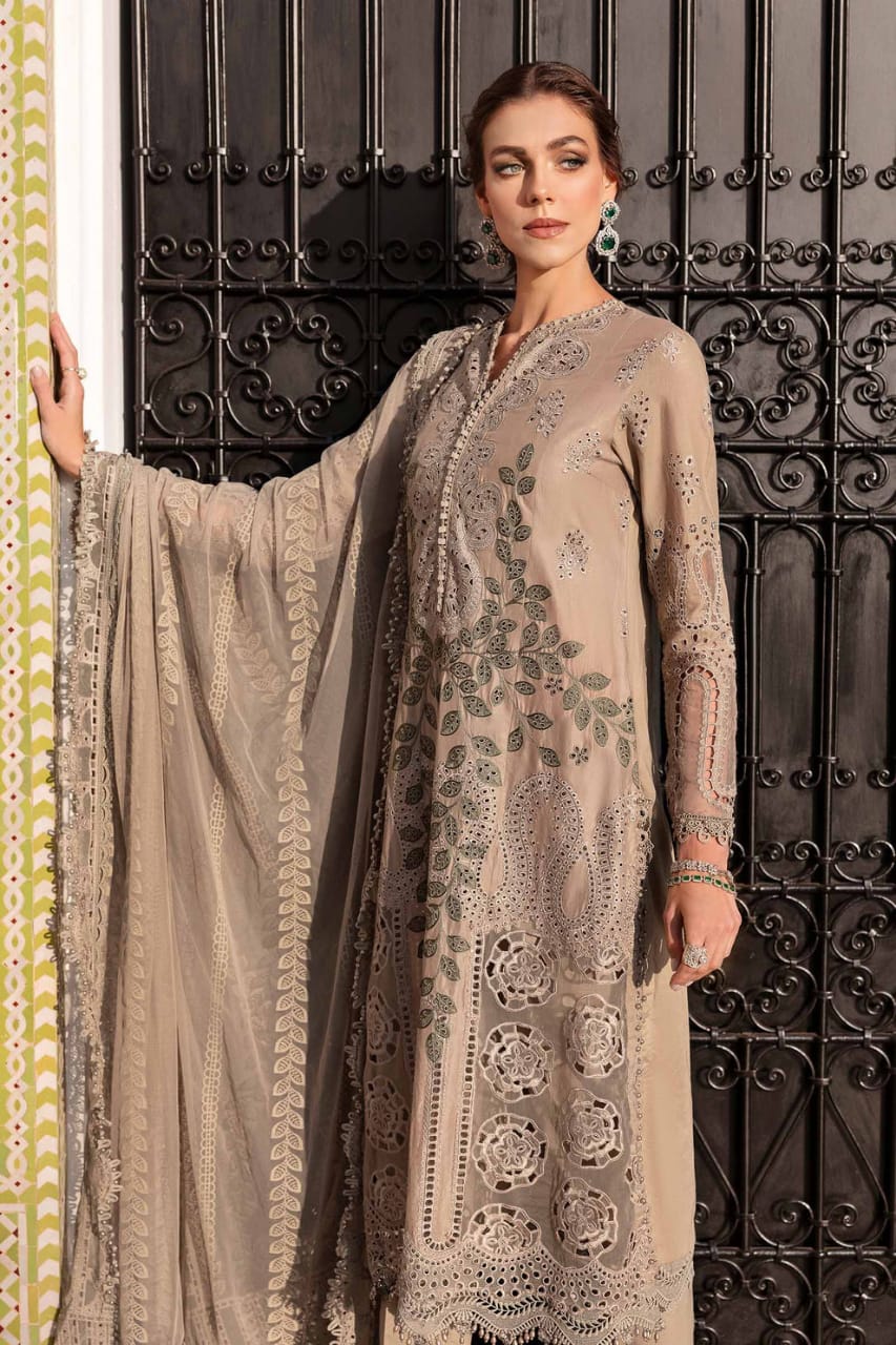 EL-MB2665 Lawn Unstitched Chiken Kari 3pc Suit With Organza Embroidered Dupatta