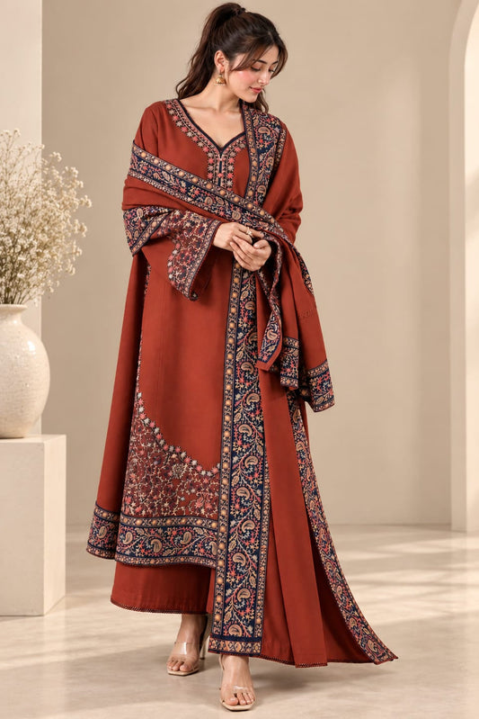 EL-BT2880(B) Unstitched Fully Embroidered Dhanak Suit With Embroidered Dhanak Shawl