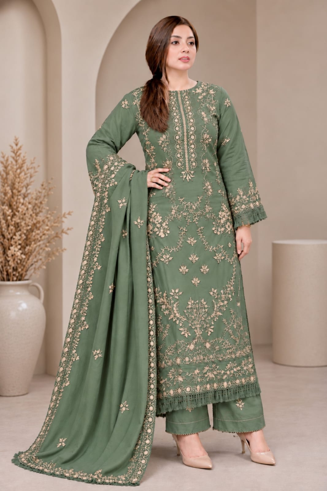 EL-NS41 (Sage Green) (8.2 Meters) Un-Stitched Dhanak Embroidered Suit With Dhanak Embroidered Shawl