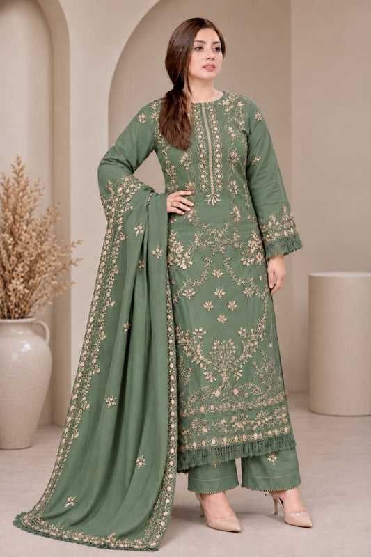 EL-NS41 (Sage Green) (8.2 Meters) Un-Stitched Dhanak Embroidered Suit With Dhanak Embroidered Shawl