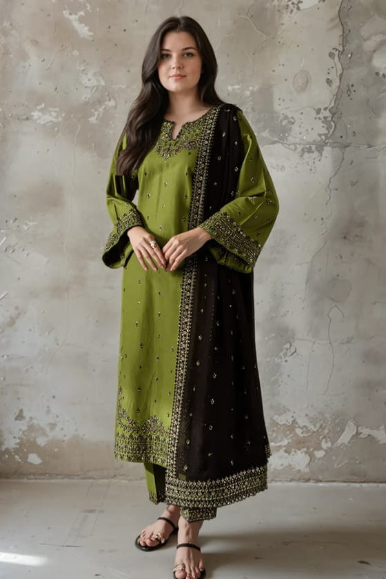 EL-BT2400 Dhanak Embroidered 3pc Suit With Dhanak Embroidered Shawl