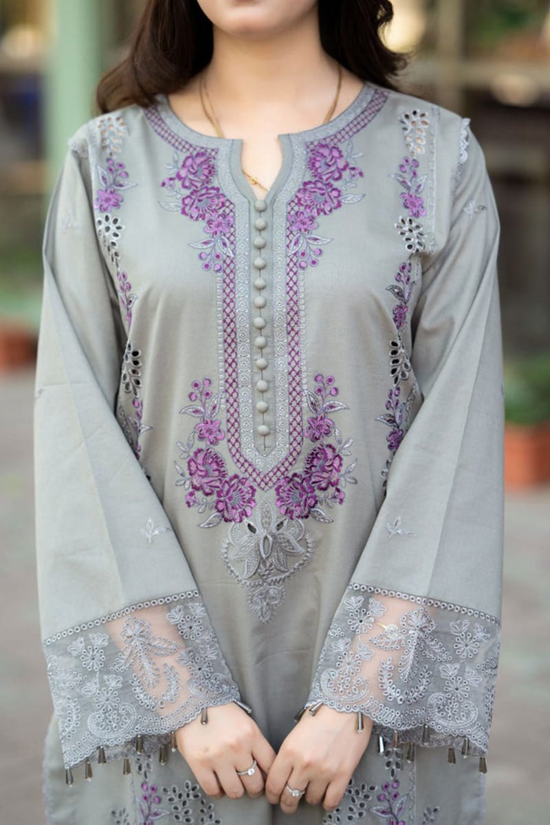 EL-842 Chikenkari Embroidered Lawn Suit 3pc With Embroidered Bamber Chiffon Dupatta