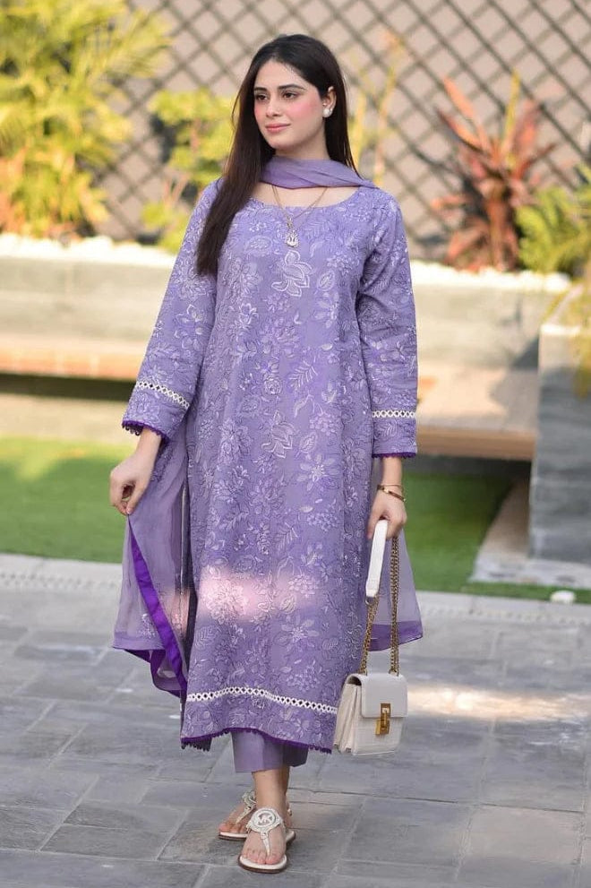EL-BR2575 Unstitched Embroidered Lawn Suit 3pc With Bamber Chiffon Embroidered Dupatta