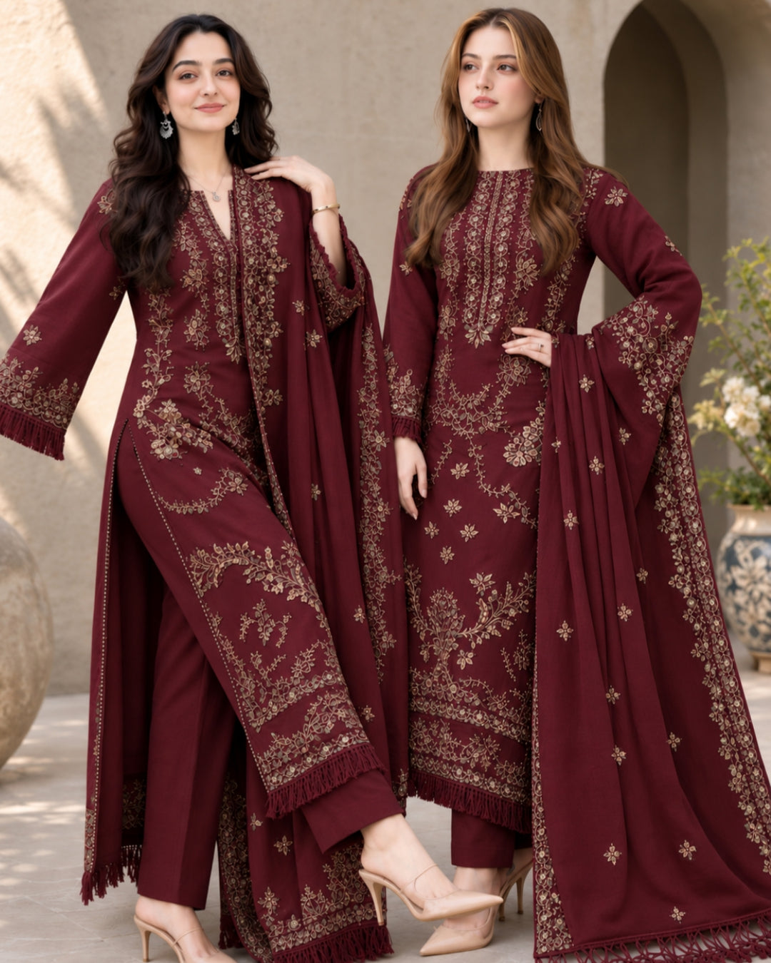EL-NS40 (Mehroon) (8.2 Meters) Un-Stitched Dhanak Embroidered Suit With Dhanak Embroidered Shawl