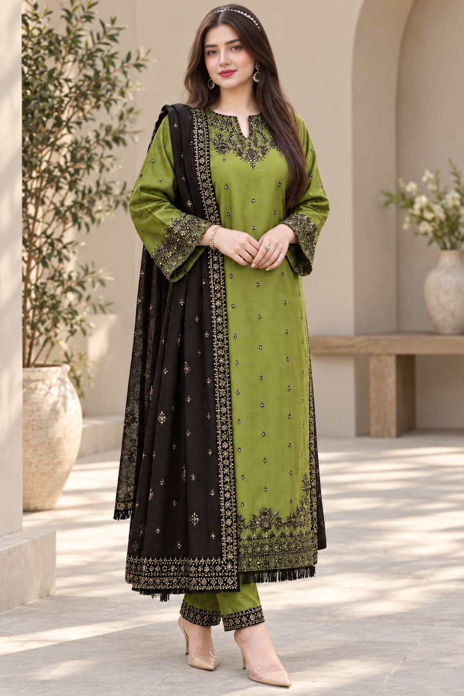 EL-BT2400 Dhanak Embroidered 3pc Suit With Dhanak Embroidered Shawl